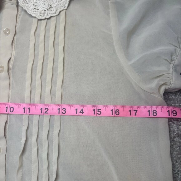SOLD 90's Forever 21 Cream Sheer Short Sleeve Blouse with Lace Collar  Size L - Picture 6 of 8